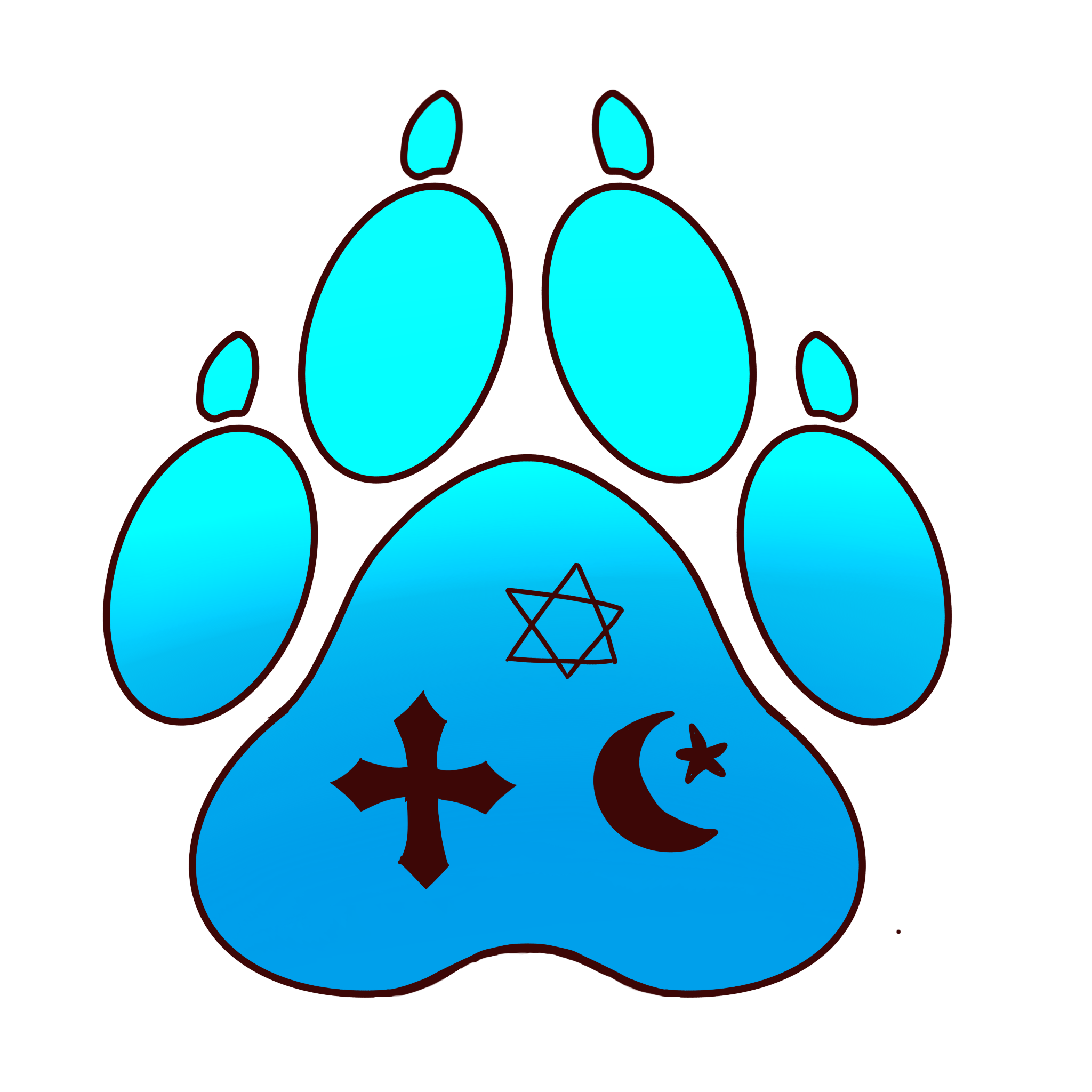 cyan paw with a cross, crescent moon and star and star of david